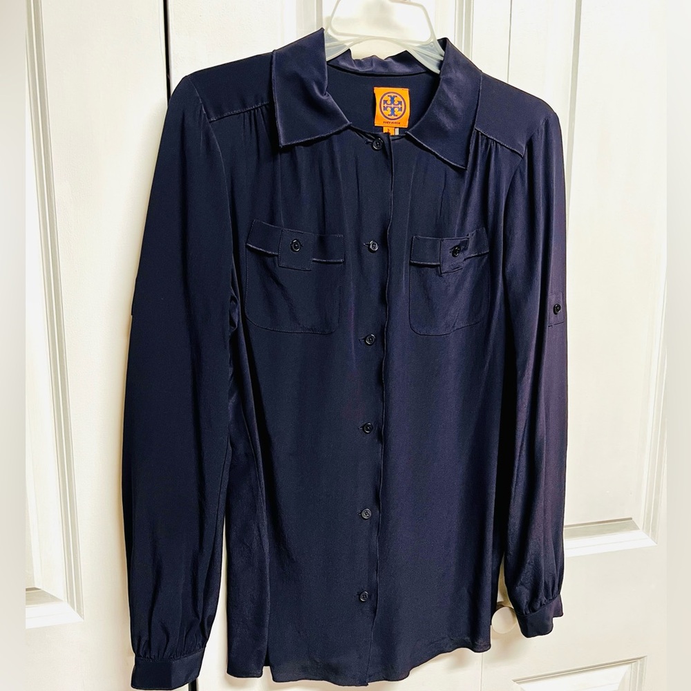Tory Burch Dark Navy Blue Long-Sleeve Button-Down Silk Top Size 8
